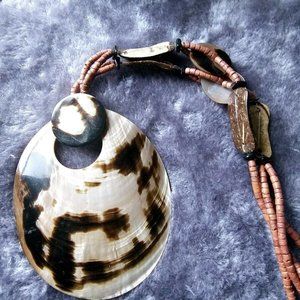 Mother of Pearl MOP Pendant with Wooden Beads Handmade Hand Crafted Necklace
